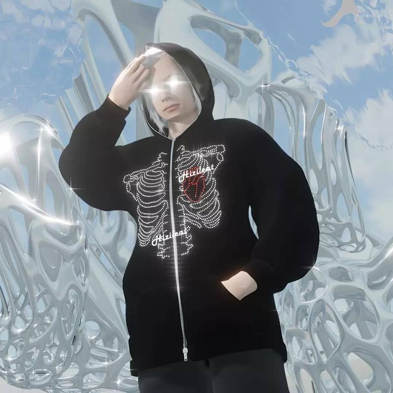 

Men' Hoodies Rhinestone Skeleton Print Women Long Sleeve Sweatshirt Hoodis Zipper Loose Oversized Cute Streetwear Casual Imon22, Black