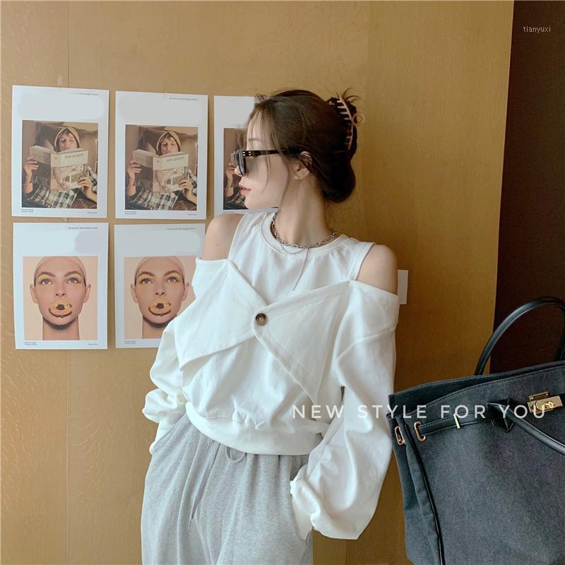 

Off Shoulder Sweatshirt Women Autumn Winter Korean Loose O-neck Pullovers White Fake Two Pieces Long Sleeve Crop Top Hipster Women's Hoodies, Gray