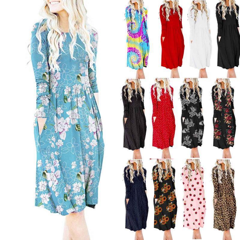 

Casual Dresses Fashion Autumn Women' Dress Long-sleeved O-neck Pocket Personalized Printing Waist Ladies 2022 Robe Femme