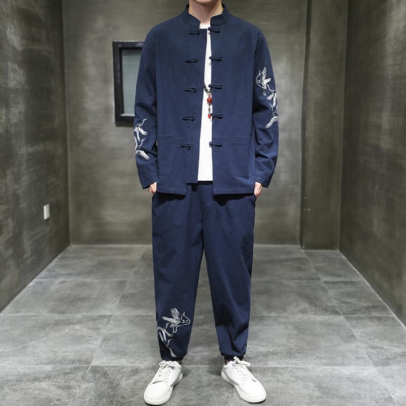 

Men's Tracksuits Chinese Style Spring Autumn Linen Men's National Tang Suit Retro Ancient Hanfu Tide Brand Cotton Sweat Men SetMen's, Grey
