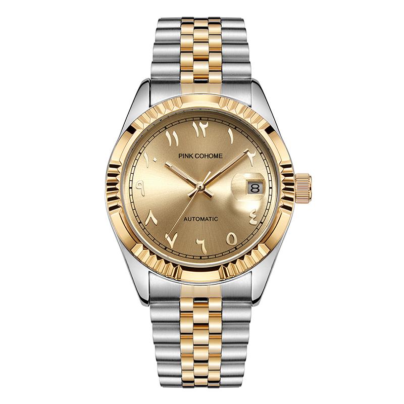 

Wristwatches Luxury Timepieces Hours Arabic Watch Automatic Self-Wind Solid 316L Steel Waterproof Arabe Wristwatch Islam Montre Mecanique, Gold gold