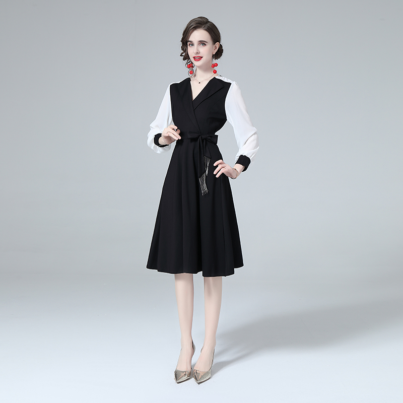 Sexy V-Neck Lace Up Bow Black Dress Long Sleeve Woman Designer Sweet Slim Fit Stylish Party Holiday Dress 2022 Runway Women Spring Autumn Milan S-image-760338663