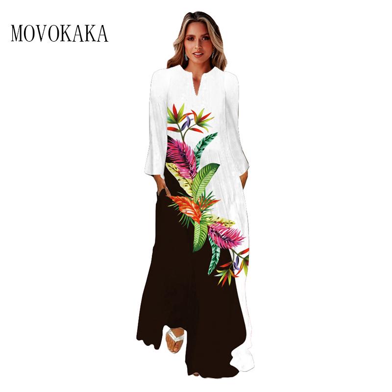 

Casual Dresses MOVOKAKA 2022 Spring Autumn Dress Long Sleeve Loose Beach Holiday Woman Elegant Leaf Print White Women, Black;gray