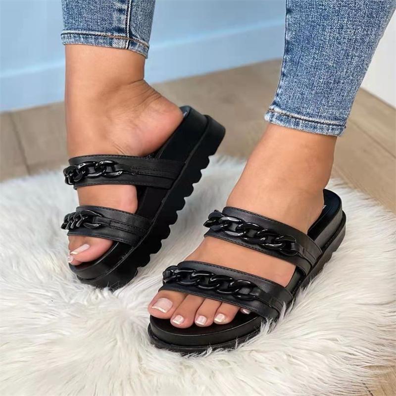 

Slippers Sexy 2022 Summer Women's Metal Buckle Flat Outdoor Beach Sandals Durable Home Plus Size 43zapatos DeSlippers, Black