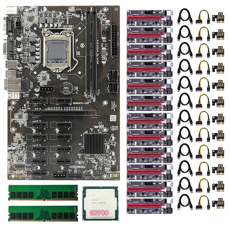 

Motherboards BTC Mining Motherboard Set With 12X009S PCIE 1X To 16X Riser Card 1XG3900 CPU 2X DDR4 RAM 12 GPU LGA1151 SATA3.0Motherboards