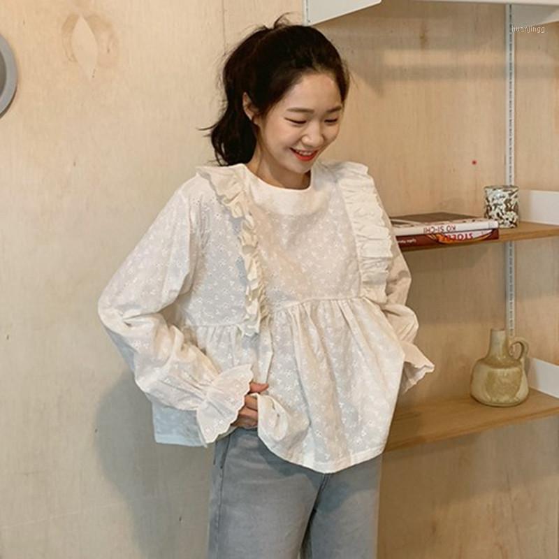 

Women' Blouses & Shirts 2022 Korean Solid Cotton Simple Het And Lotus Side Long Sleeve Shirt Woman Ladies Ruffle Blusas Femme, White