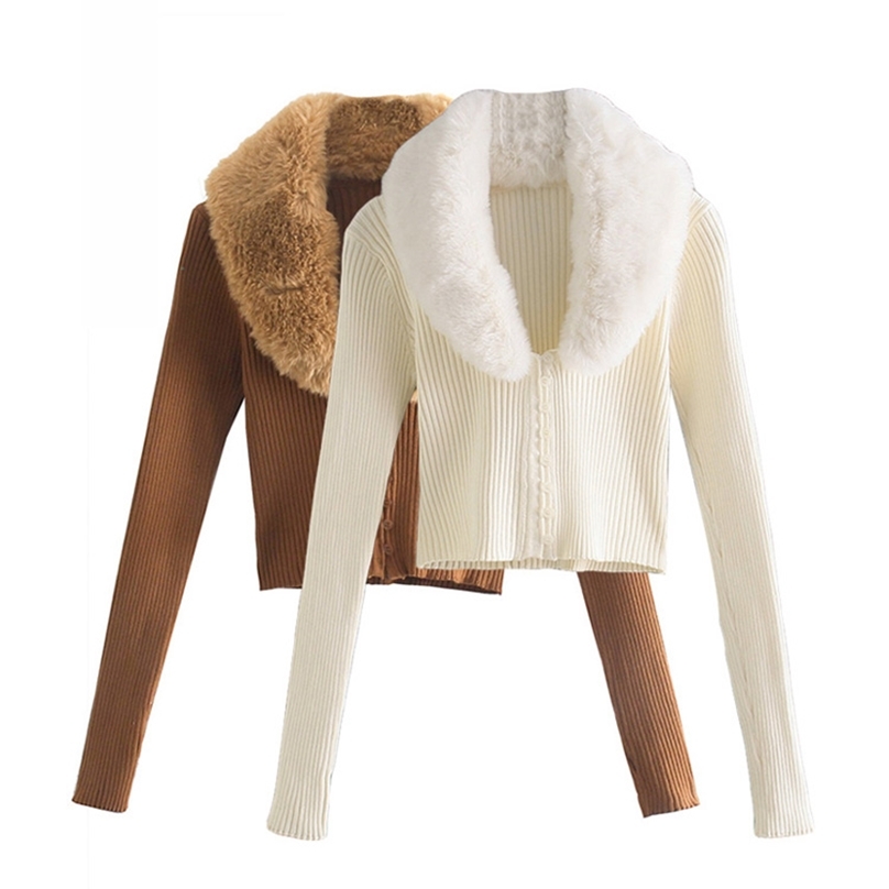 

TRAF Women Fashion With Tie Faux Fur Collar Knit Cardigan Sweater Vintage Long Sleeve Fitted Female Outerwear Chic Tops 220813, As picture
