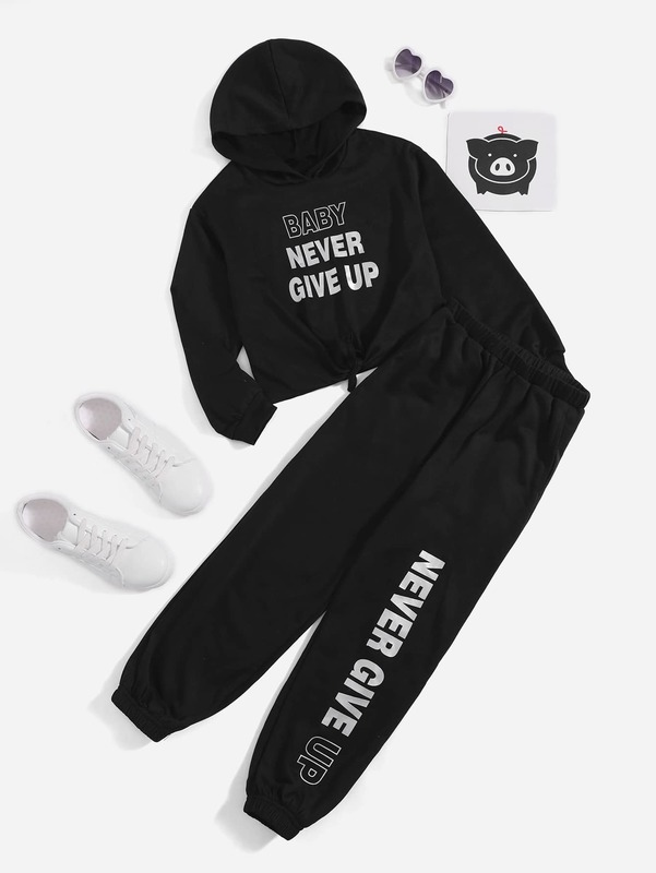 

Girls Slogan Graphic Knot Hem Hoodie & Sweatpants Set SHE, Black