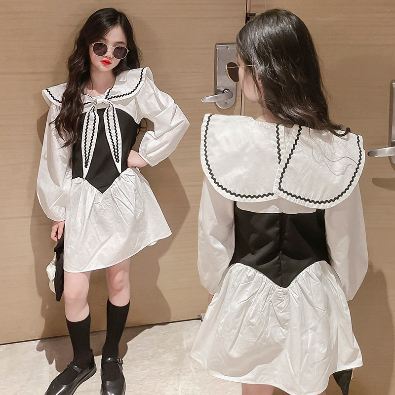 

Girls Fashion Dress Spring New Middle School Student Clothes Navy Collar European And American Style Teens Princess Dress, Cz1724 photo color