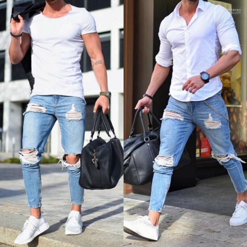 

Men' Jeans 2022 Men Fashion Stacked Skinny Ripped Male Cool Denim Slacks Trousers Hip Hop Retro Boyfriend Streetwear Light Blue Pants Bert2