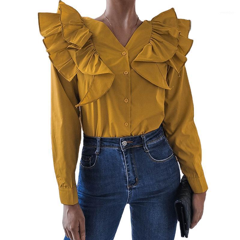 

Fanco Spring Elegant Long Sleeve Ruffled Shirt Women V-Neck Solid Color Office Lady Fashion Blouse Button Casual Single Breasted Women' Blo, White