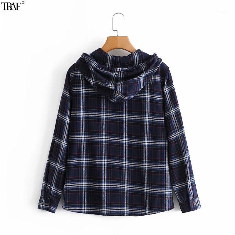 

Women's Blouses & Shirts Women Shirt Blouse Checked Hooded Top 2022 Vintage Chic Covered Button Jacket Tops 1019, Za1019