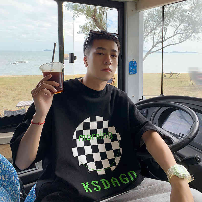 

men's spring and summer 2022 loose round neck T-shirt ins printed top, White