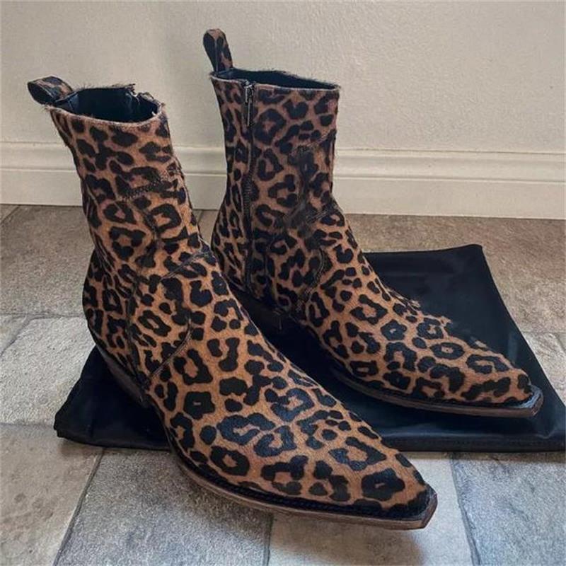 

Men Cowboy Boots Faux Suede Leopard Print Classic Casual Fashion Warm Square Toe Low Heel Side Zipper Ankle CP016, Clear