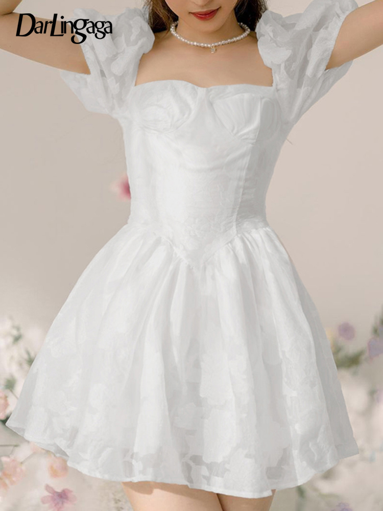 

Darlingaga Chic Square Collar White Jacquard Corset Party Dress Female Fashion Elegant Ball Gown Summer Dress Harajuku Clothing, White dress