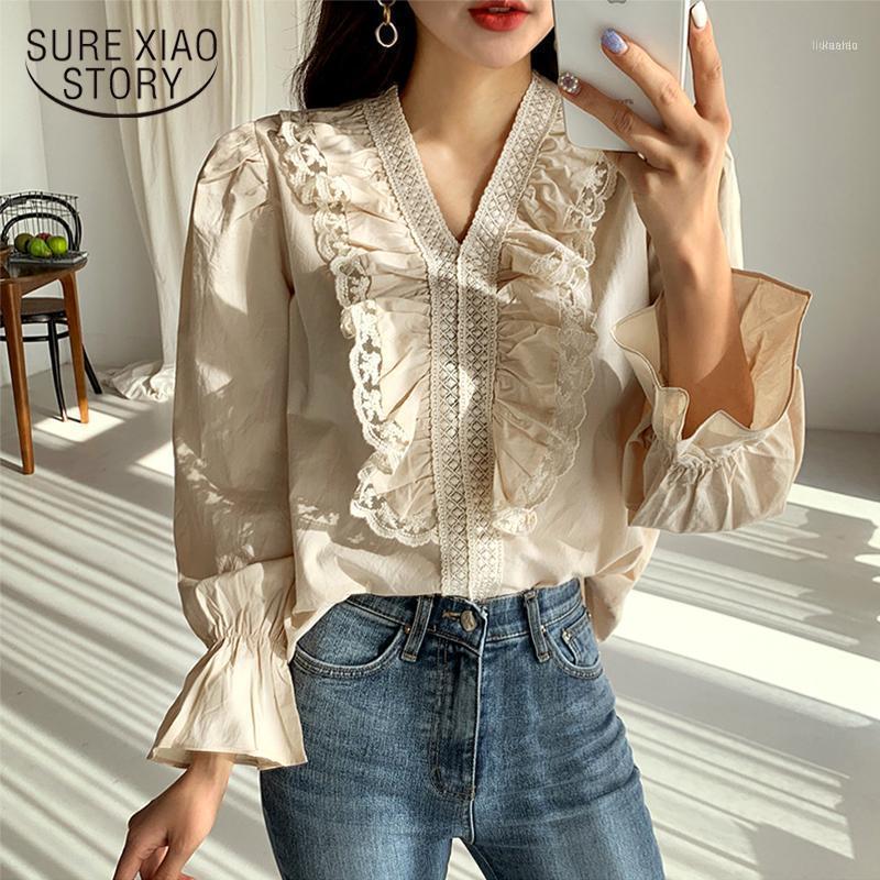 

Autumn Vintage White Blouse Women 2022 Pullover Ruffles Lace Elegant Womens Flare Sleeve Cotton Shirt Blusas 11271 Women's Blouses & Shirts, Apricot