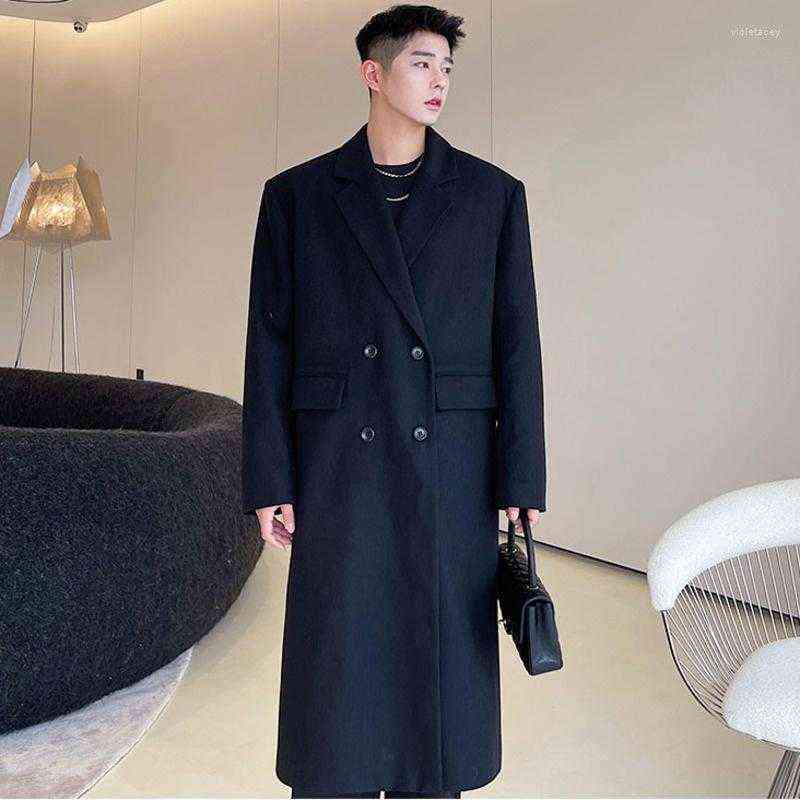 

Men's Wool & Blends Menswear Double Breasted Side Stain Fabric Spliced Split Woolen Coat Autumn Winter 2022 Layer Long Tweed Viol22 T220810, Black
