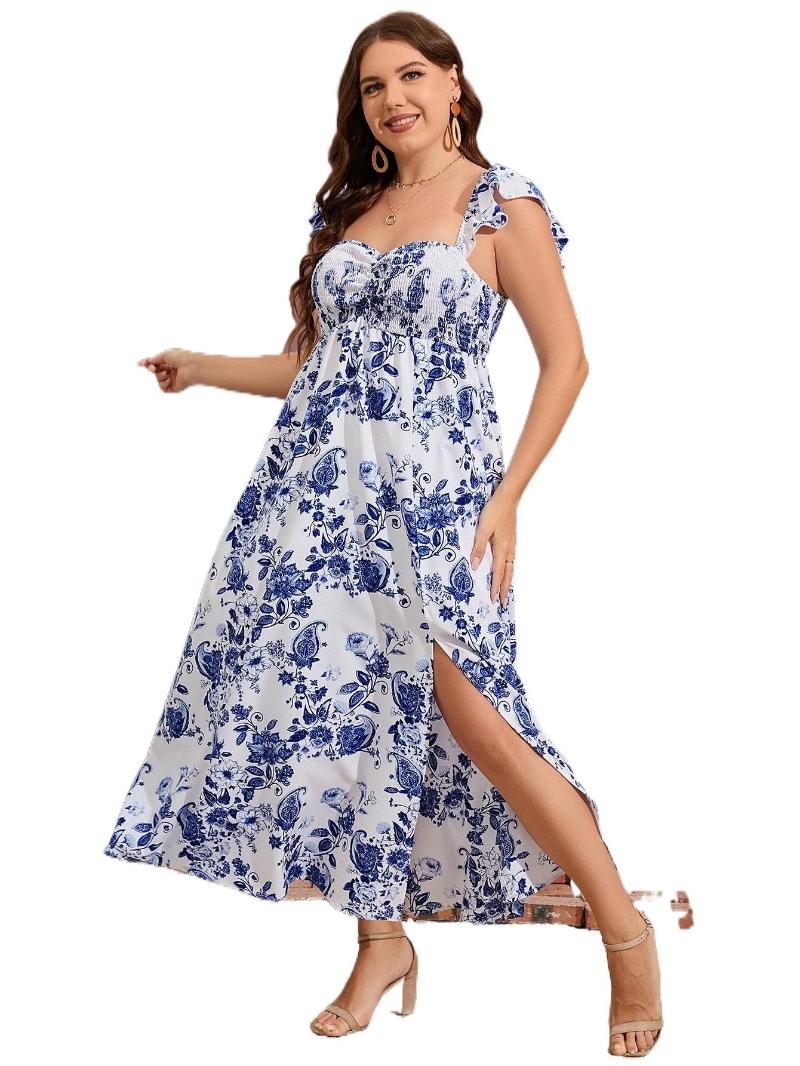 

Plus Size Dresses Floral Print Shirred Split Thigh Dress 624t#Plus, Blue and white
