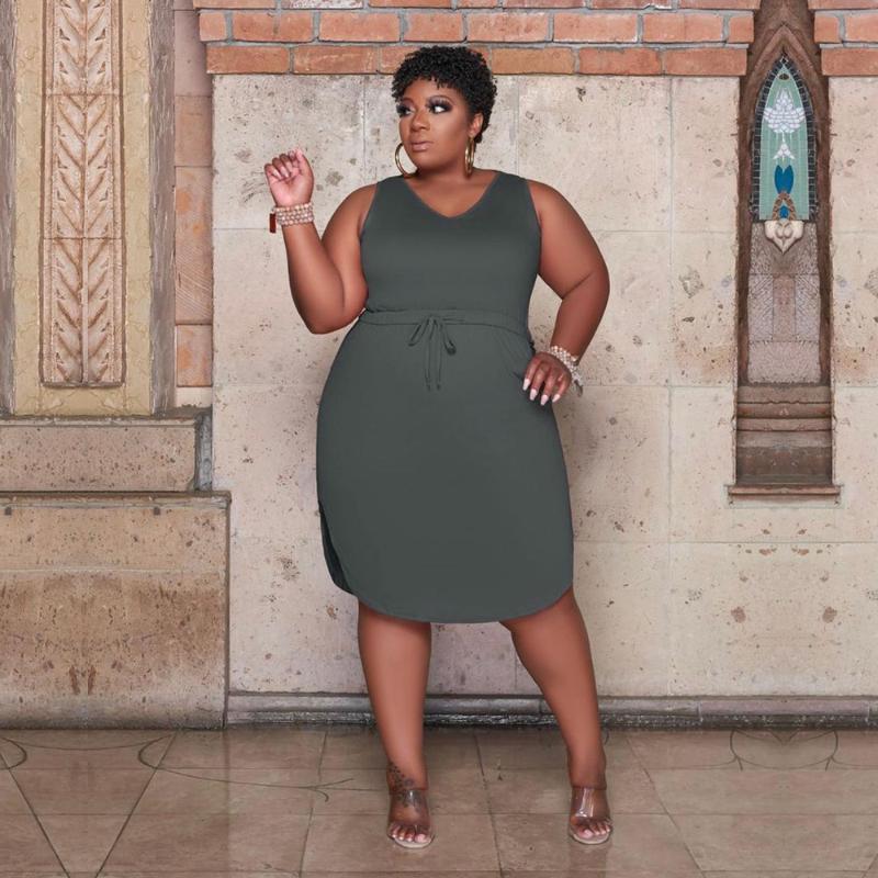 

Plus Size Dresses Dress Women Wholesale Items V Collar Sleeveless Solid Color Elegant Summer Clothing Belt Casual Wear DropPlus, Green