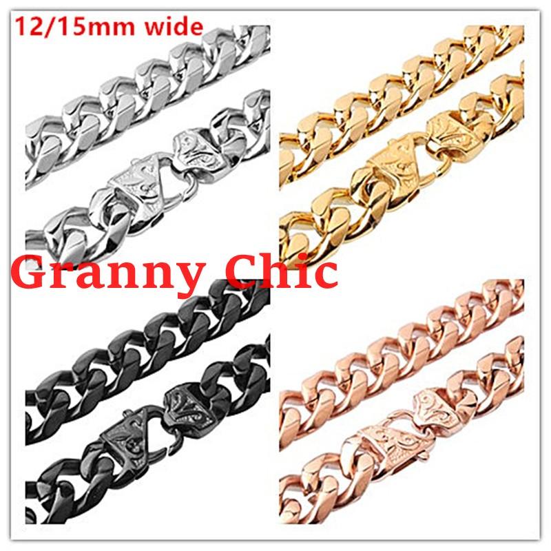 

Chains Granny Chic 7"-40" 13/15mm 316L Stainless Steel Silver Rose Gold Black Color Men Women Cuban Chain Necklace ChainChains