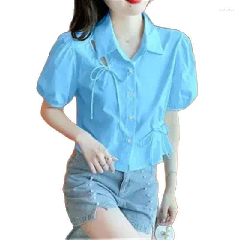 

Women's Blouses & Shirts Design Be Careful Drawstring Hollow Out Lapel Short Sleeve Shirt 2022 Summer Outerwear Chic Puff Sleeves Women', Yellow