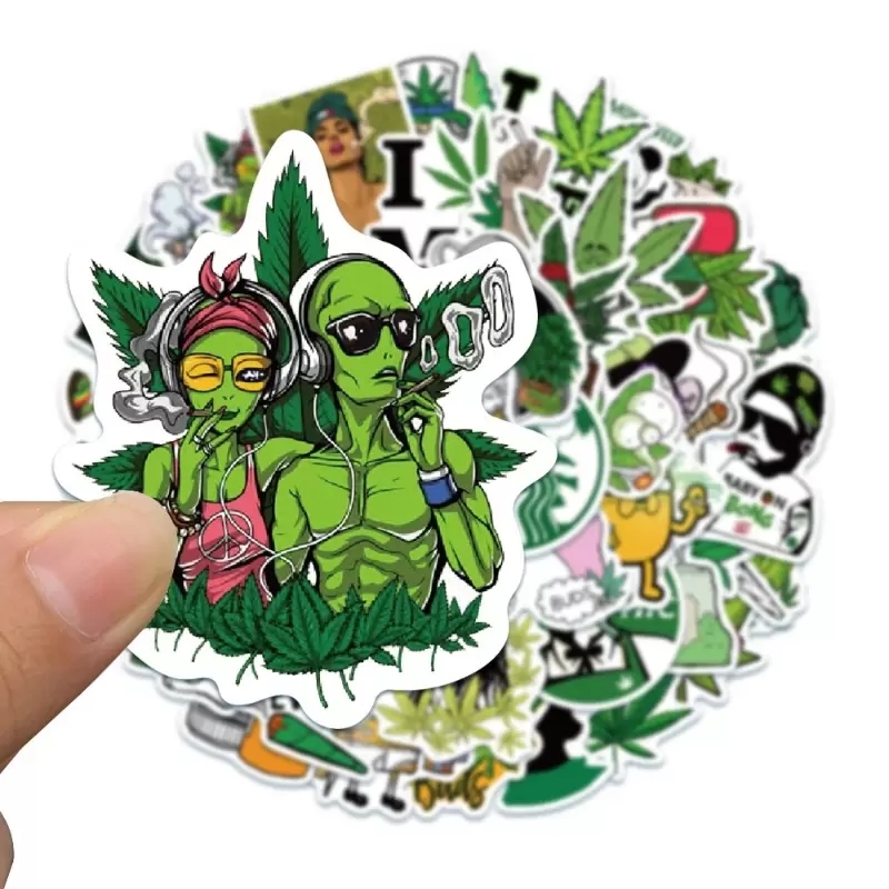 

50Pcs Green Leaves Sticker Plant Character Smoking DIY Stickers For Guitar Kids Tay Game Motorcycle Car Skateboard Luggage Decals, Multi colors
