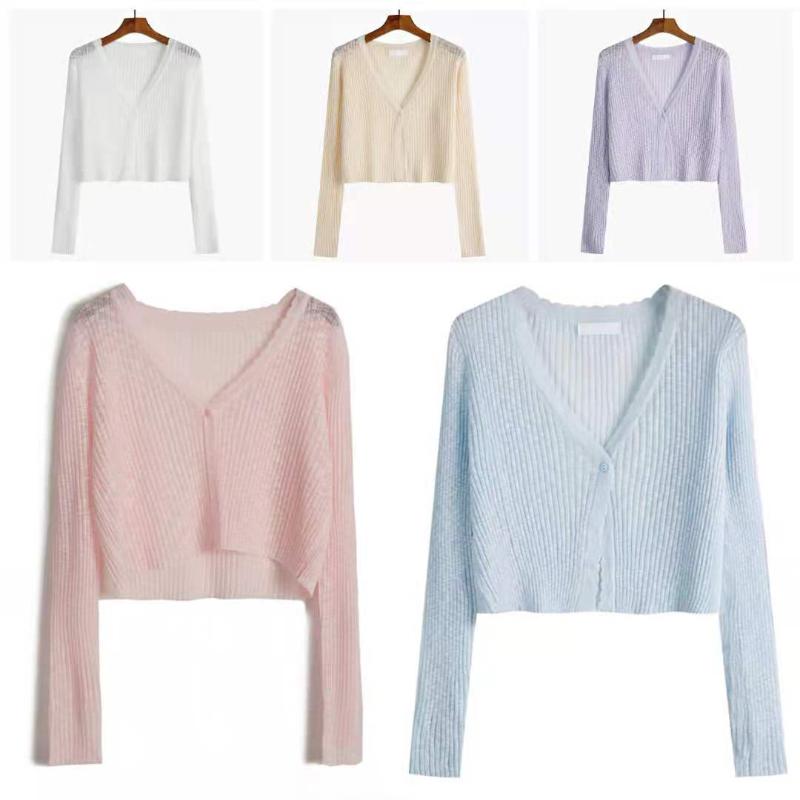 

Women's Blouses & Shirts V-neck Top Loose Sweet Summer Blouse For Womem Ice Silk Knitted Women's Long Sleeves Sunscreen TopsWomen's, Blue