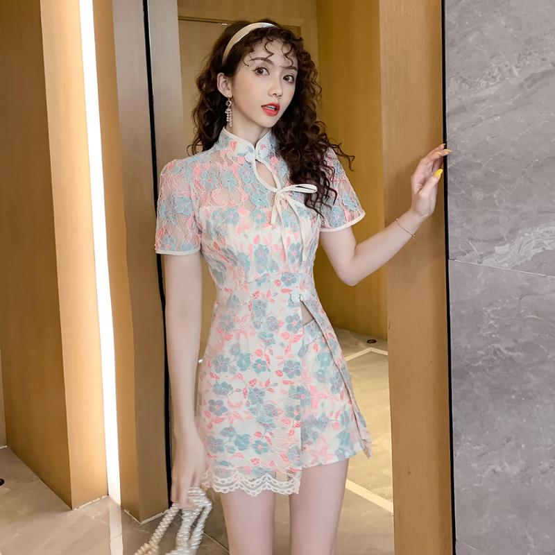 

Work Dresses Real Po High Quality Lace Flower Tops And Shorts 2pcs Set Women 2022 Summer Retro Cheongsam Outfits, Women set
