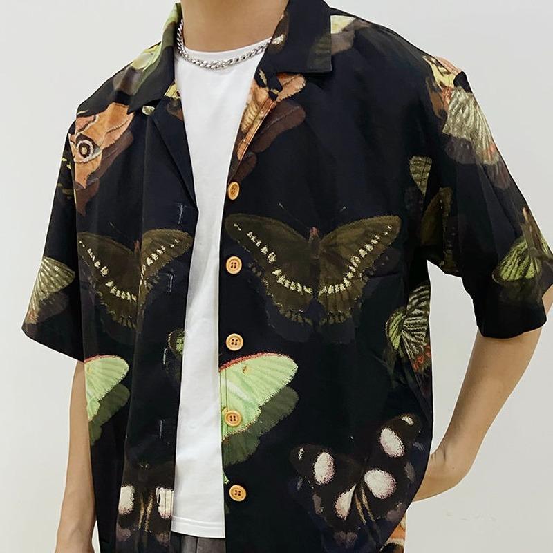 

Men' Casual Shirts Black Humor Butterfly Original Print Hip Hop Shirt Women Hawaiian Short Sleeve Button Up Summer Japanese TopsMen, White tshirt
