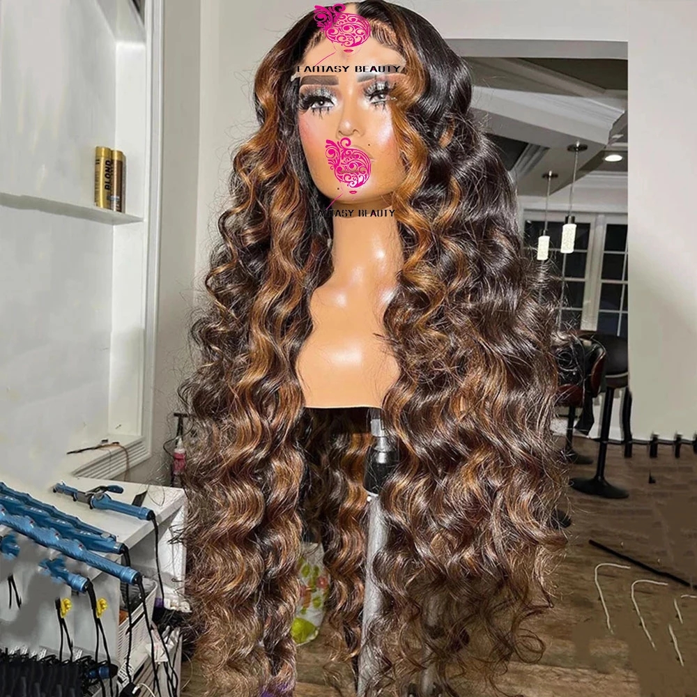

Highlight Chestnut Blonde Deep Wave V Part Wig Remy 100% Human Hair Loose Wavy Glueless Ombre Brown Full U Shape Wigs 30 Inches Full Machine Made, As picture color