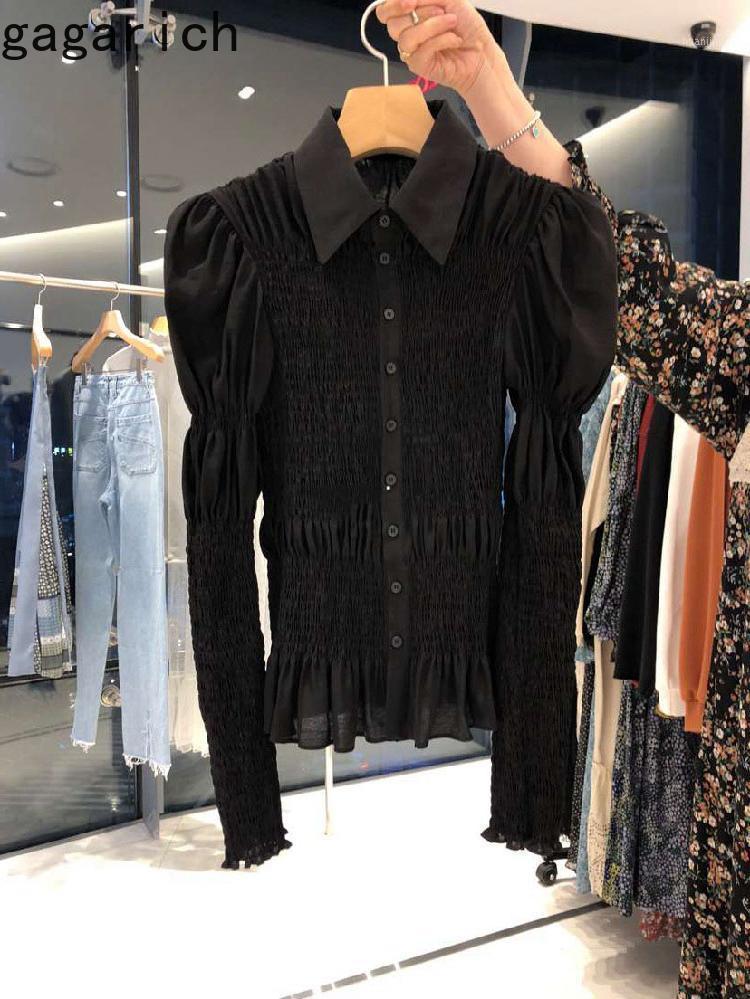 

Gagarich Women Shirts 2022 Spring Autumn French Elegant Temperament Female All-Match Lapel Pleated Puff Sleeve Slimming Blouses Women, Black