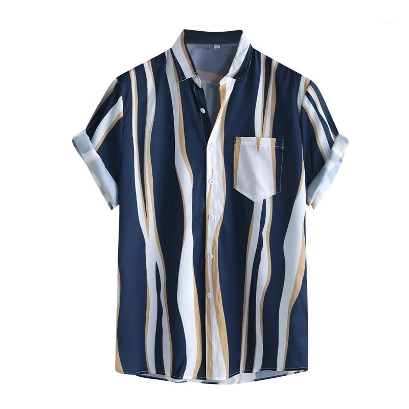

Men's Casual Shirts Vintage Stripe Printed Holiday Mens Short Sleeve Button Pocket Turn-down Collar Shirt Chemise Homme, Blue