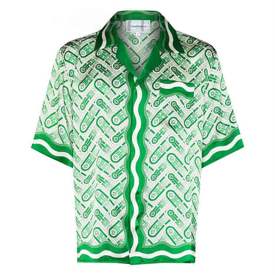 Casablanca 2022 new mens shirts prairie green print Unisex loose British silk shirt short sleeve designer tees womens loose summer281e
