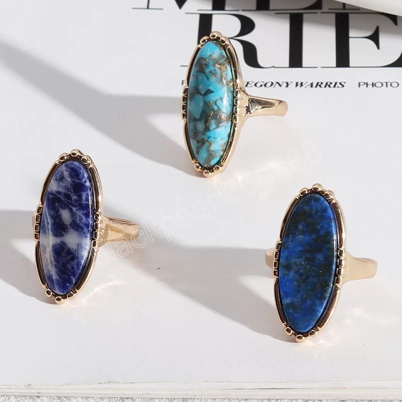 

Gold Oval Turquoise Lapis Lazuli Blue Natural Stone Rings Fashion Inner Dia 1.7cm Gold Color Band Jewelry for Women