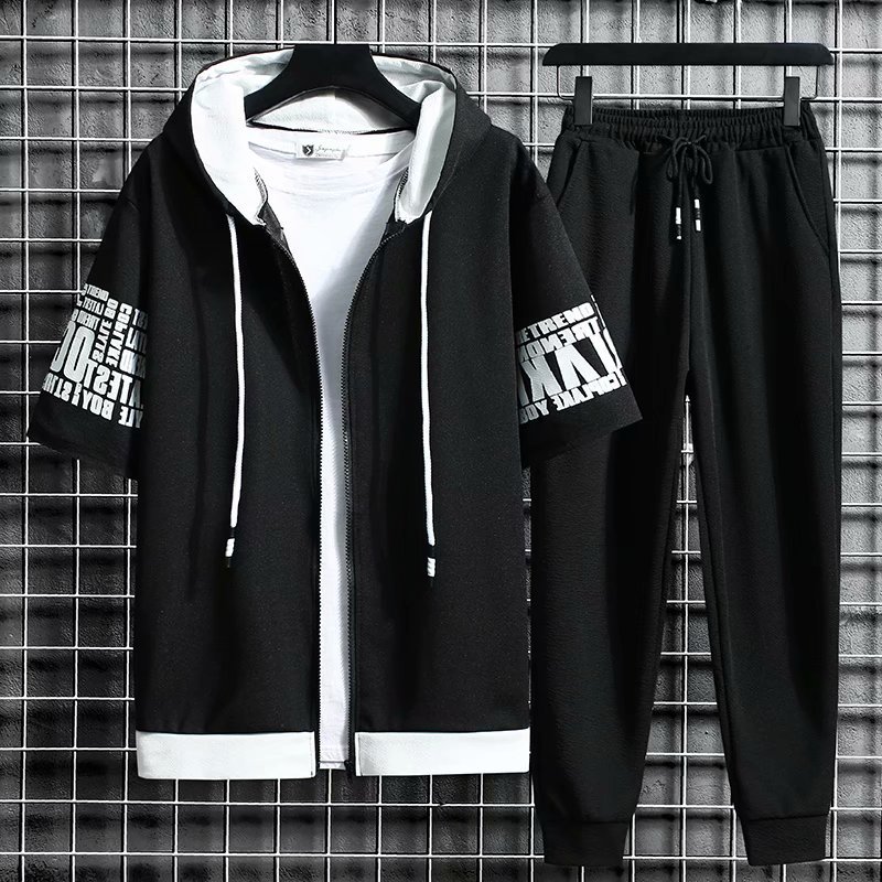 

Men s Sets Hooded Zipper Short Sleeve Tops Elastic Waist Trousers Clothing Two Piece Set Korean Streetwear Tracksuit 220615, Dark grey