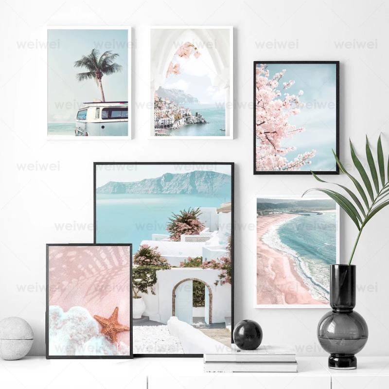 

Paintings Pink Aegean Sea Beach Cherry Palm Tree Wall Art Canvas Painting Nordic Posters And Prints Pictures For Living Room Decor