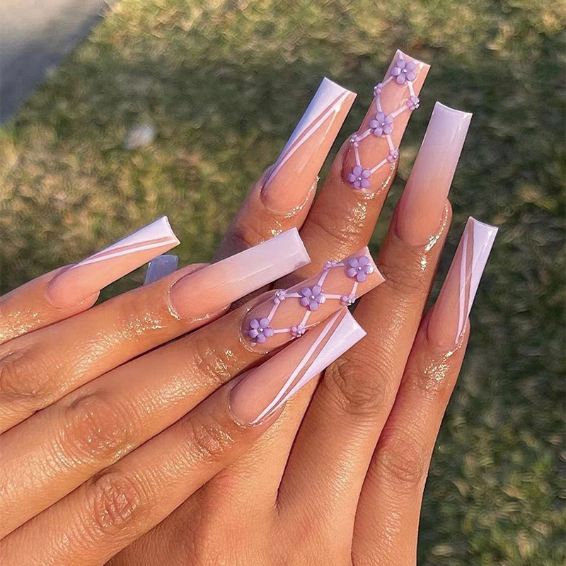 

JP1722 Ombre French Fake Nails Set Press on Faux Ongles with 3D Purple Flower Designs, Ballerina/coffin