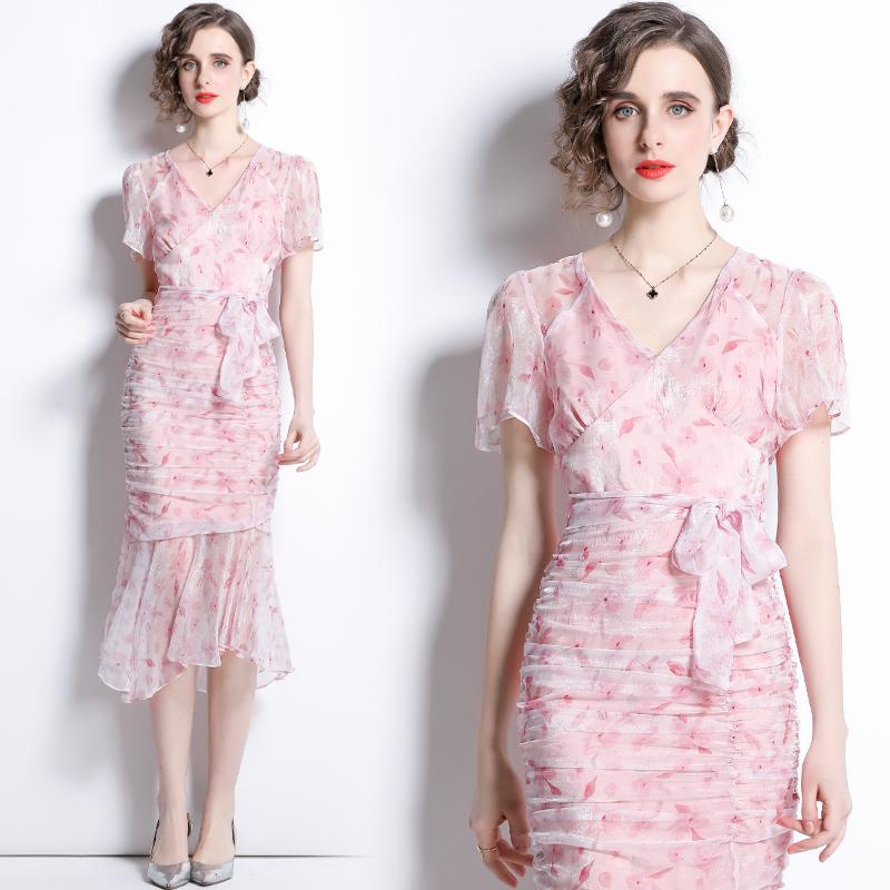 

Casual Dresses Summer Women' High-end Temperament V-neck Short Sleeve Fashion Slim Fit Hip Fishtail Print Lace Up Holiday DressCasual, Mixed color
