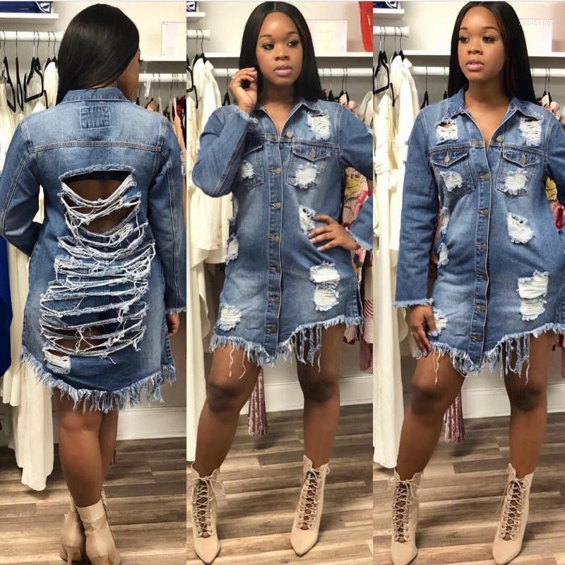 

Women' Jackets Oversized Jacket Women Long Ripped Denim With Holes, Blue