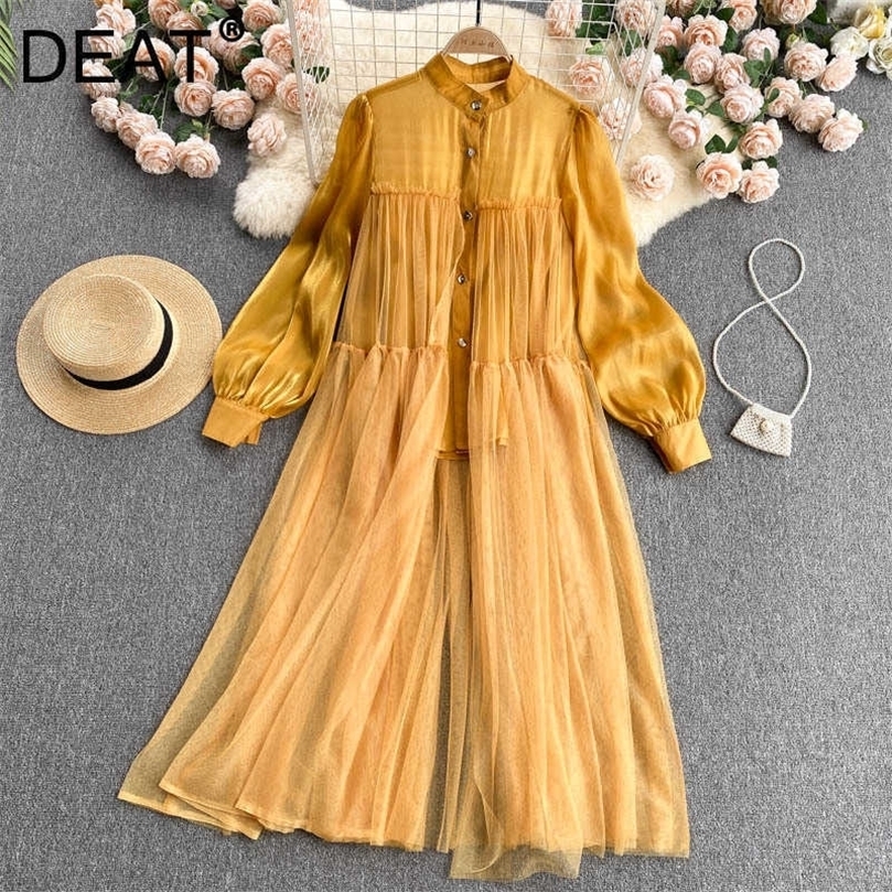 

DEAT Women Patchwork Mesh Translucent Shirt Stand Neck Long Sleeve Fashion Spring Summer 11D 210709, Yellow