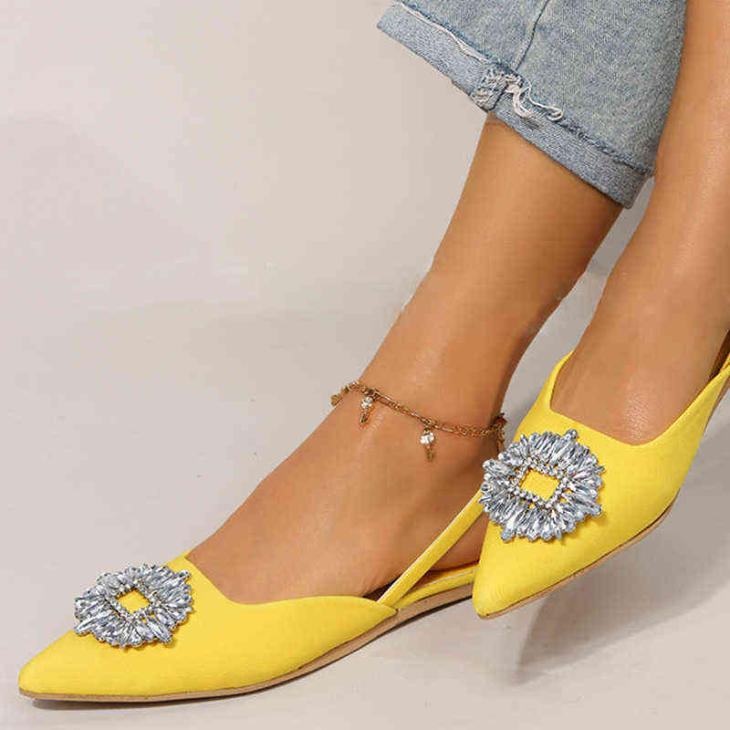 

Slippers Jmprs Crystal Buckle Yellow Flat Shoes Women 2022 Pointed Toe Slingback Sandals Woman Shiny Rhinestone Low Heel for 220513