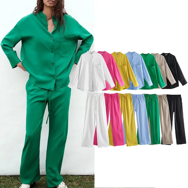 

Women's Jackets Women's Shirts Autumn Solid Color Long Sleeves Casual Loose Pocket High Waist Elastic PantsWomen's, Green