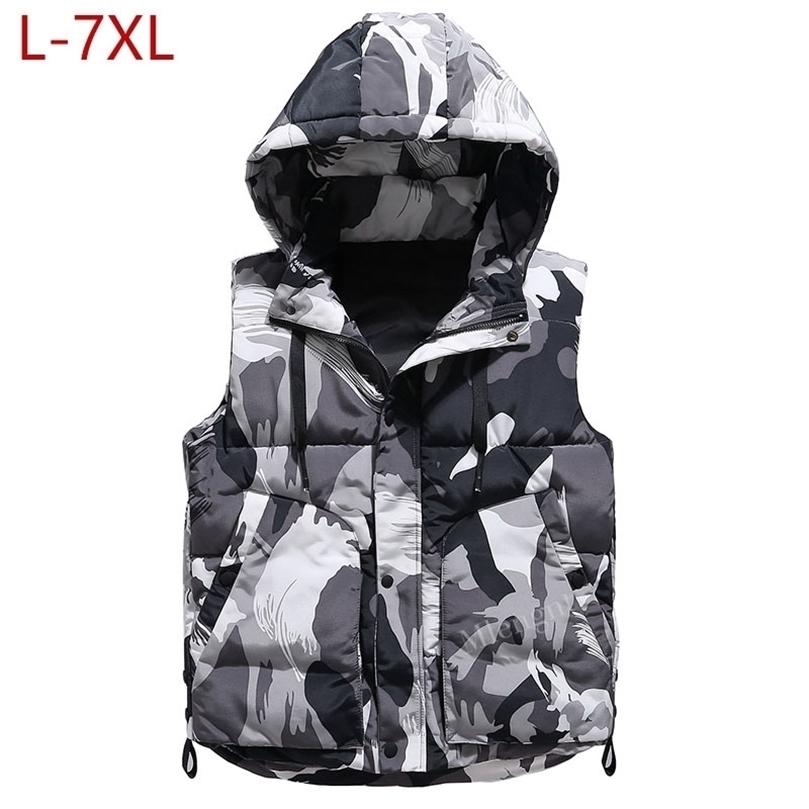 

7XL Spring Winter Warm Hat Detachable Men Vest Sleeveless Casual Camouflage Jacket Coat for Men Unisex Waistcoat Plus Large Size 201128, Whitecamouflage vest