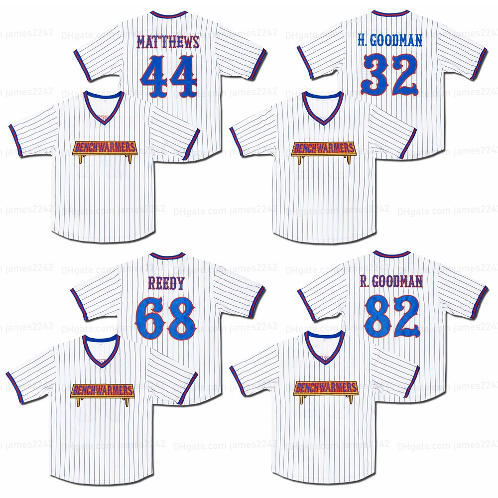 

Benchwarmers Baseball Jersey 82 Richie Goodman 44 Matthews 32 Howie Goodman 68 Reedy Stitched White Men's Pinstriped Jerseys, As shown