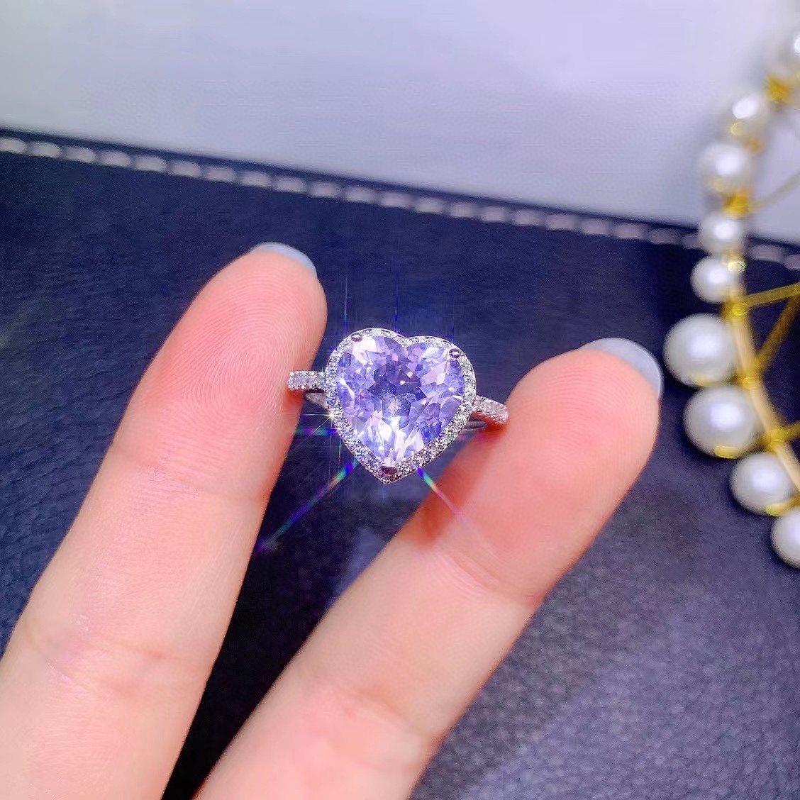 

Natural Lavender Quartz Ring 925 Sterling Silver Engagement Halo Heart Resizable Rings For Women Gift