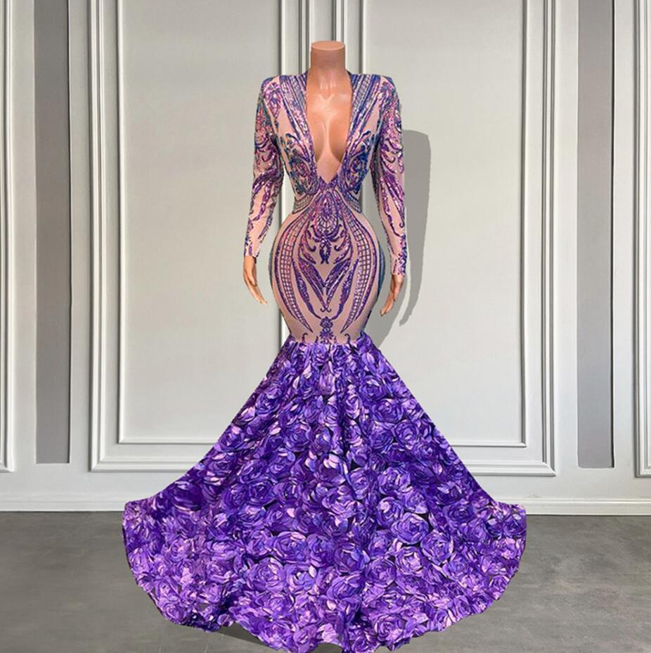 

Lilac Lavender Long Sleeve evening dress V-neck Sparkly Sequined Black Girls Mermaid Style Lavender Long Prom Dresses 2022 With 3D Flowers, Same as picture