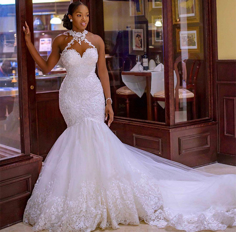 

Luxury Sparkly 2022 Mermaid Wedding Dress Sexy Sheer Bling Beads Lace Applique High Neck Illusion Long Champagne Trumpet Bridal Gowns, White