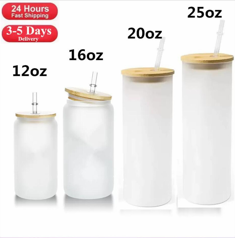 

US Warehouse 12oz 16oz 20oz 25oz Sublimation Tumblers Blank Straight Frosted Clear Transparent Iced Coffee Glass Mugs Water Cups with Bamboo Lid And Straw, Mixed