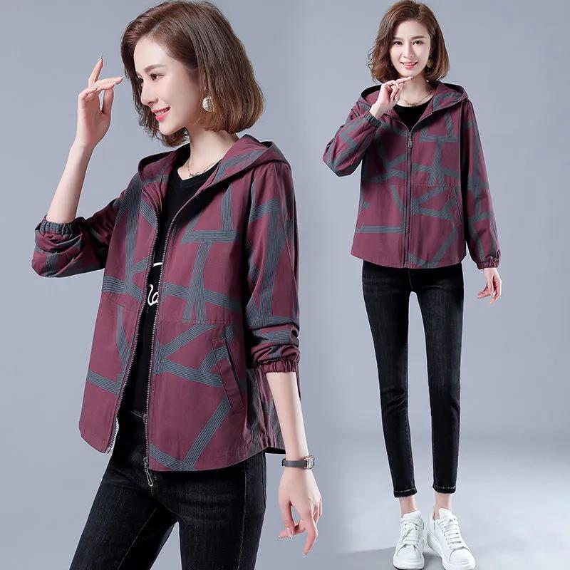 

Women's Jackets Mother's Hooded Jacket Loose 5XL Spring Autumn Printed Coat Women's Thin Fashion Pocket Outerwear Tops FemaleWomen's, Khaki