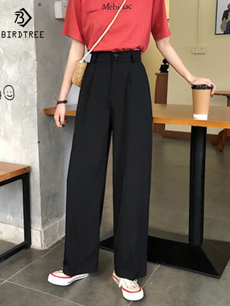 

Women Wide Leg Pants Summer Thin Fabric Classic High Waist Pockets Button Fly Long Palazzo Trousers Korean Casual Bottoms 220328, Black regular